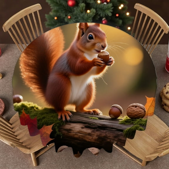tablecloths for round tables - Cute Squirrel Eating Nuts Print, 2D Flat Printing Holiday-Themed Design Family Round Tablecloth, Cafe, dinner, brunch, buffet, picnic
