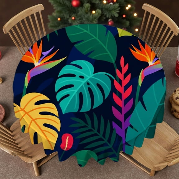tablecloths for round tables - Green Palm Leaf Jungle Yellow Flowers Exotic Tropic Print, Festive Table Setting  Holiday-Themed Design Tablecloth for dining table round, Cafe,  picnic,60x60 Inch