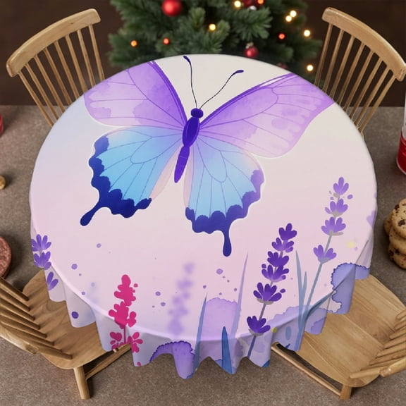 tablecloths for round tables - Purple Lavender Butterfly Print, Festive Table Setting Holiday-Themed Design Tablecloth for dining table round, Cafe, dinner, brunch, buffet, picnic, 60x60 Inch