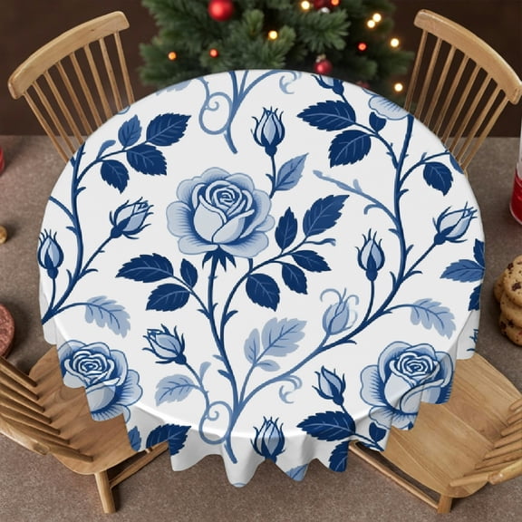 tablecloths for round tables - Romantic Flowers with Leaves Print, Machine-Made Holiday-Themed Design Tablecloth for dining table round, Cafe, dinner, brunch, buffet, picnic, 60x60 Inch