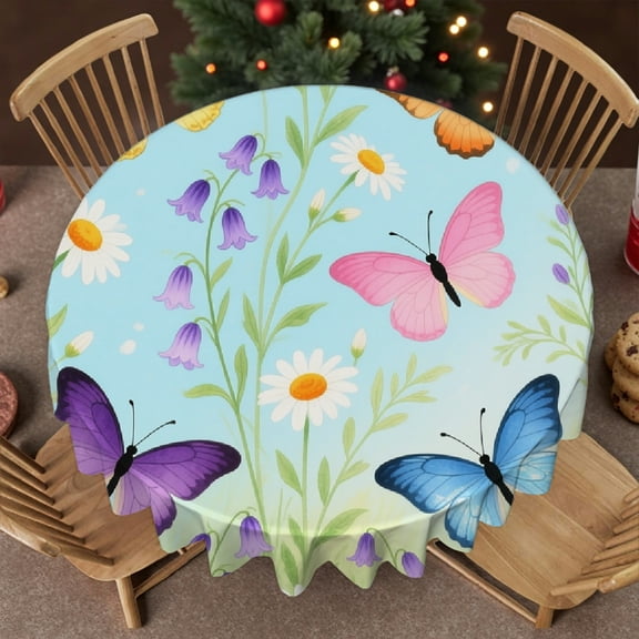 tablecloths for round tables - daisy and butterfly Print, Kitchen Accessories Holiday-Themed Design Tablecloth for dining table, Cafe, dinner, brunch, buffet, picnic