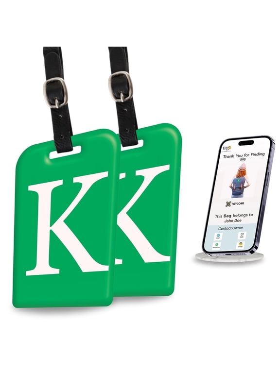 2 Pack Luggage Tags for Suitcases, 26 Initial Letter Travel Luggage Identification Labels ID Tag with Global Loss Recovery Service | Airline Compliant | SITA World Tracer Code Enabled (K)