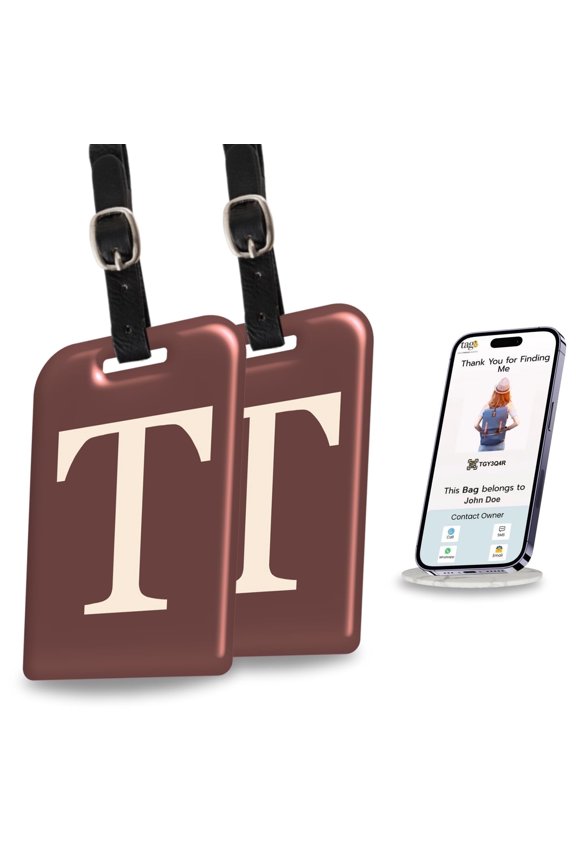 2 Pack Luggage Tags for Suitcases, 26 Initial Letter Travel Luggage Identification Labels ID Tag with Global Loss Recovery Service | Airline Compliant | SITA World Tracer Code Enabled (T)