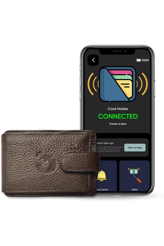DOLPHIN Smart Card Holder with RFID Protect for Men & Women, Works with Android & Apple Phone, Unisex Slim Leather Purse For Cards with Bluetooth Tracker, Ideal Gift, Brown