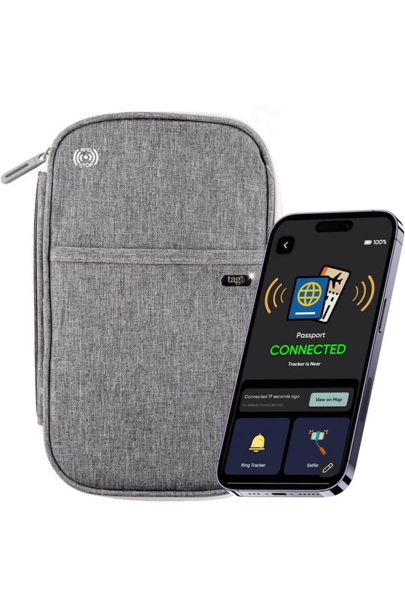 Dolphin Smart Passport Holder Wallet with Tracker, RFID Blocking Fabric Passport Pouch with Anti-Theft Bluetooth Tracking, Separation Alert, Android & Apple Compatible, Travel Document Organizer