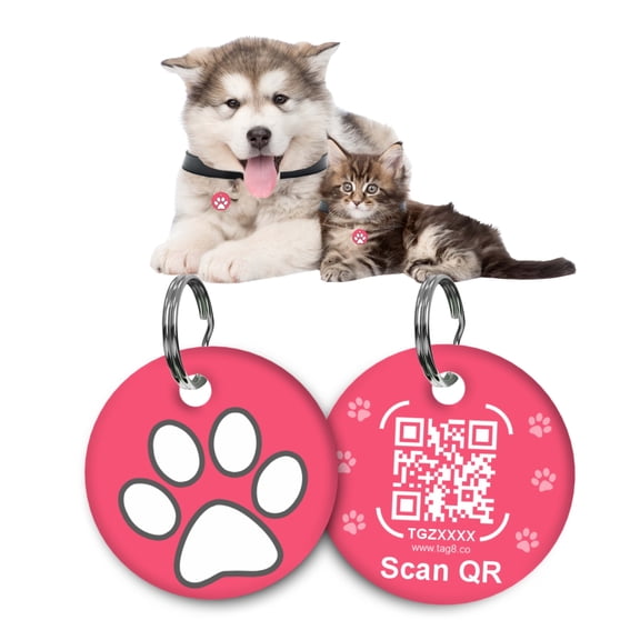tag8 QR Code ID Tag for Dogs & Cats, Real-Time Scan Alerts, Online Pet Info Access, No Subscription or Fees, Durable Pet Tag for Collars - Pink