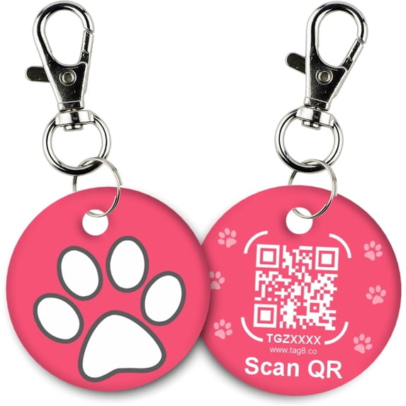 tag8 QR Code ID Tag for Dogs & Cats, Real-Time Scan Alerts, Online Pet Info Access, No Subscription or Fees, Durable Pet Tag for Collars - Pink