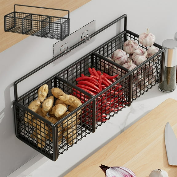Taicans 3 Compartment Metal Storage Basket Wall Mount Kitchen Hanging Organizer Fresh Vegetable Produce,Fruit Basket for Kitchen,Wall Mounted Onion and Potato Storage Bin