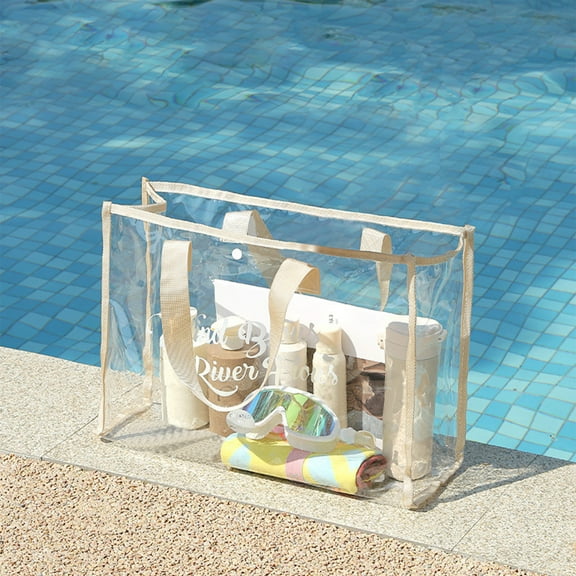 Taicans Clear Beach Bag,Waterproof Tote Bag for Women Oversized Beach Tote Bag,Transparent Visible Handheld Storage Bag Thickened PVC Wash Bag Portable Beach Bag-Beige