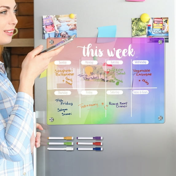 taicans Colored Magnetic Acrylic Calendar for Fridge,12"x16" Clear Fridge Calendar Dry Erase Magnetic Planning Boards Set Includes 6 Colorful Highlight Markers D