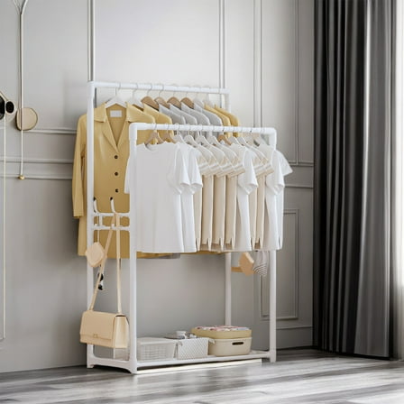 Taicans Double Rods Clothing Rack,Double Rods Portable Garment Rack for Hanging Clothes,Multi-functional Bedroom Clothes Rack,Metal Clothing Rack with Bottom Shelves,Freestanding Clothes Rack