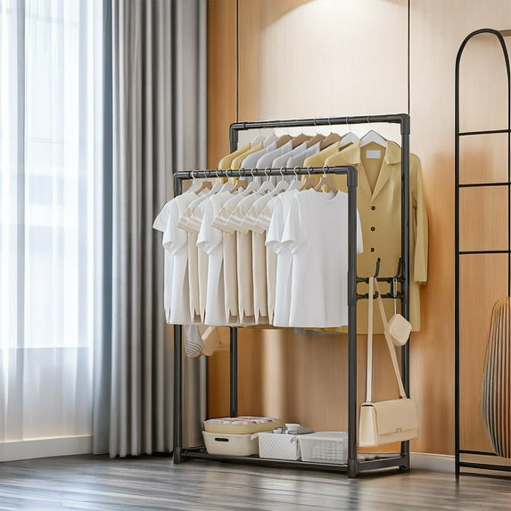 Taicans Double Rods Clothing Rack,Double Rods Portable Garment Rack for Hanging Clothes,Multi-functional Bedroom Clothes Rack,Metal Clothing Rack with Bottom Shelves,Freestanding Clothes Rack