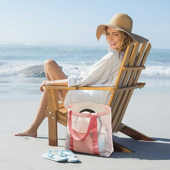 taicans Mesh Beach Tote Bag,Mesh Beach Bag,Large Beach Tote Bags for Women Foldable Mesh Swimming Pool Bag with Mini Pockets,Beach Towel Bag-Pink