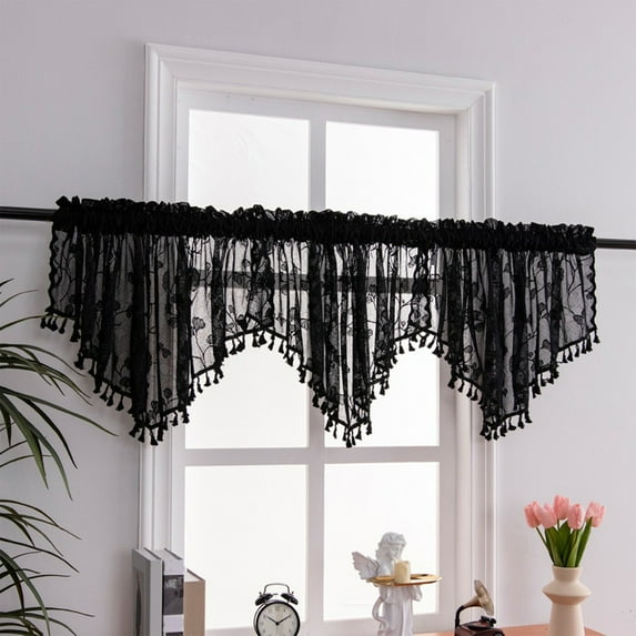 Taicans Triangle Sheer Valance Curtains,Lace Window Curtain Valance Trim Tassel Valance Swag Rod Pocket Triangular Short Curtain for Farmhouse Kitchen Bedroom Window Treatments Drape Decor Black