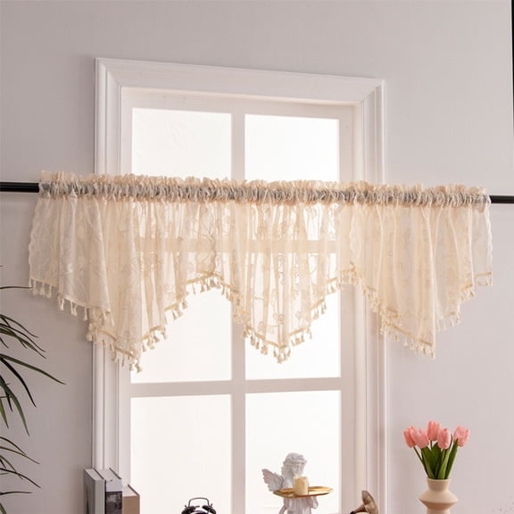 Taicans Triangle Sheer Valance Curtains,Lace Window Curtain Valance Trim Tassel Valance Swag Rod Pocket Triangular Short Curtain for Farmhouse Kitchen Bedroom Window Treatments Drape Decor Beige
