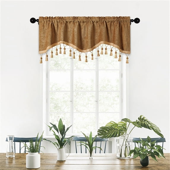 Taicans Wave Valance with Bead Trim Tassels Semisheer Light Filtering Rod Pocket Taloired,Blackout Scalloped Tier Curtains with Tassel for Windows Living Room Decor 59 x 16 in Coffee