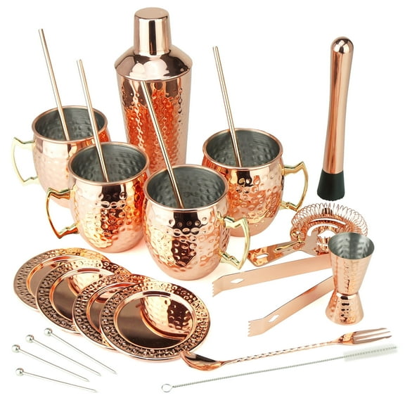 PG 25-Piece Cocktail Bar Set, Copper/Rose Gold Color, Stainless Steel Barware Sets