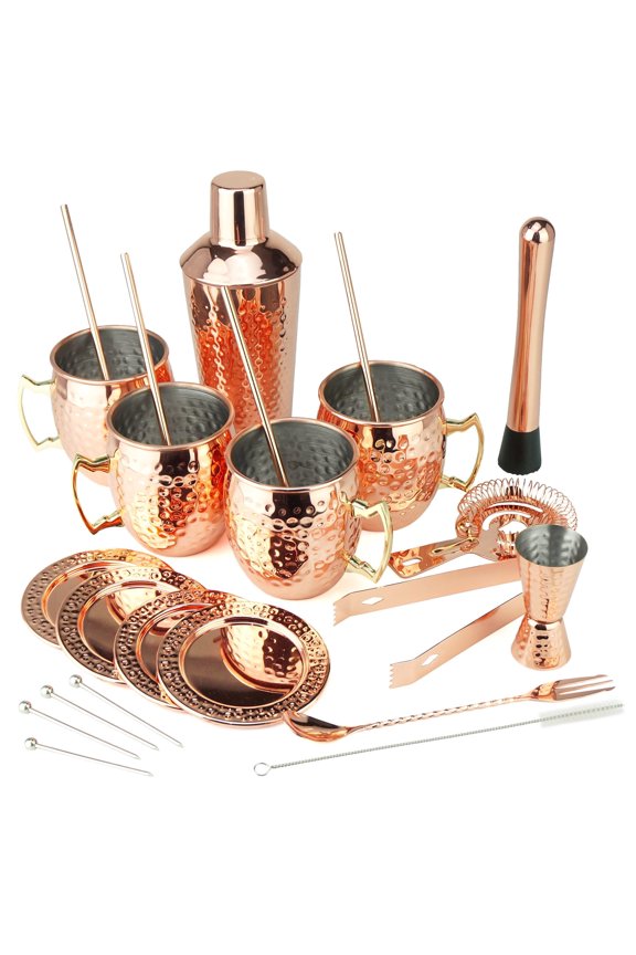 25-Piece Cocktail Bar Set, Copper/Rose Gold Color, Stainless Steel Barware Sets