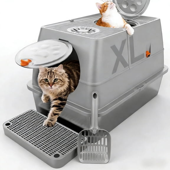 tainless Steel Litter Box with Lid, XL Extra Large Enclosed Cat Litter Box Fits All Cats Modular Design with Flip Cover, Top Entry Metal High Sided Cat Box & Pedal & Scoop