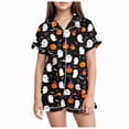 thumbnail image 1 of takafot Halloween Pajamas Girls Pumpkin Ghost Print Short Sleeve Button Down Shirt Top and Shorts 2pcs Pjs Sets Sleepwear Kids Pajamas Girls (White,2-3 Years), 1 of 5