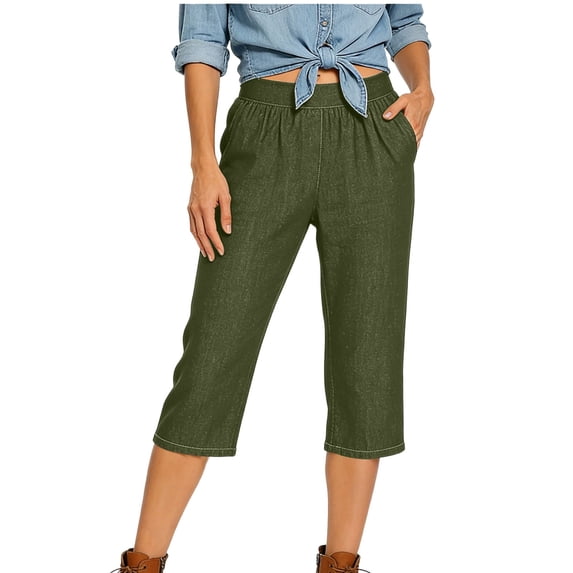 Dlentnea Capri Jeans for Women Straight Leg Stretchy Loose Denim Elastic Waist Trendy Pants with Pockets