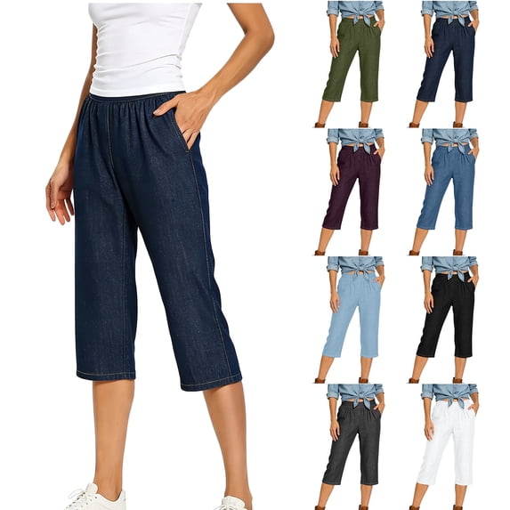 Dlentnea Capri Jeans for Women Straight Leg Stretchy Loose Denim Elastic Waist Trendy Pants with Pockets