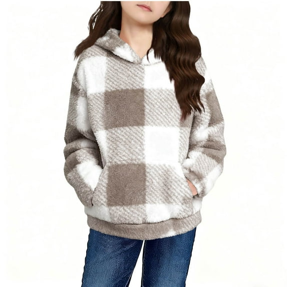 talentlend Girls Plaid Fuzzy Fleece Hoodie Pullover Jacket Sweatshirt Casual Outerwear Coat with Pockets