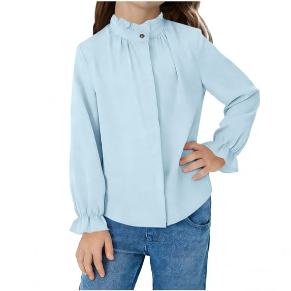 Dlentnea Girls Tops Elegant Ruffle Long Sleeve Blouses Kids Button down Uniform Schools Dress Shirt Tops