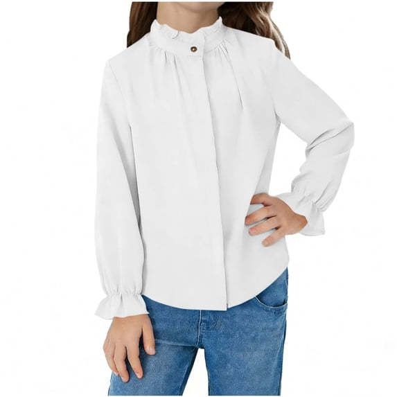 Dlentnea Girls Tops Elegant Ruffle Long Sleeve Blouses Kids Button down Uniform Schools Dress Shirt Tops