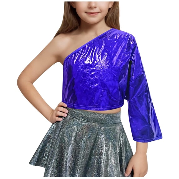 talentlend Kids Girls Sparkly Sequin Long Sleeve One Shoulder Crop Top Party Streetwear Dancewear Fashion Casual T Shirt