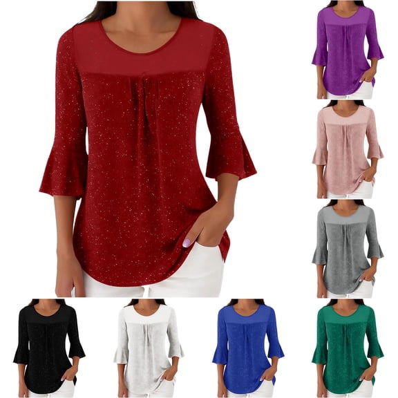 talentlend Women's 3/4 Sleeve Sparkly Sequin Blouses Elegant Dressy Blouses Crew Neck Mesh Tunic Stretchy Tops