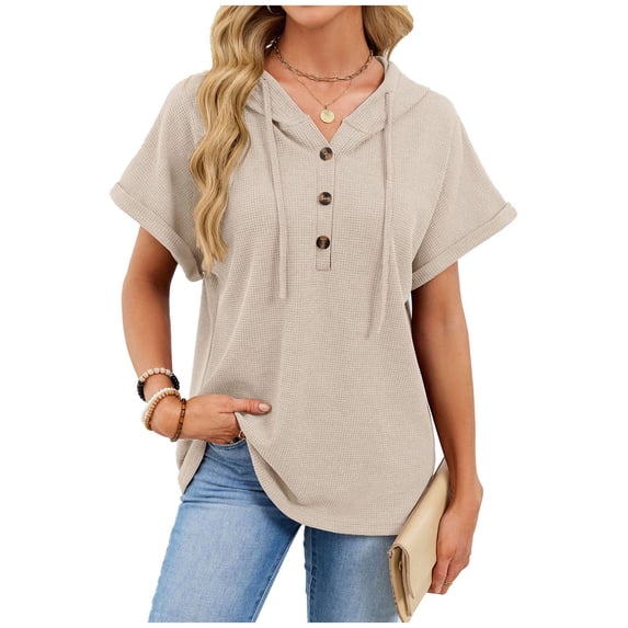 LIaqionyy Women's Hoodie Short Sleeve Drawstring Tops Casual Summer Button Front V Neck Pullover Blouses Shirts