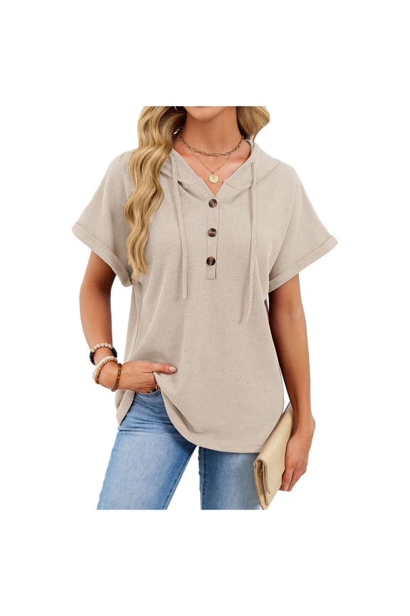 Women's Hoodie Short Sleeve Drawstring Tops Casual Summer Button Front V Neck Pullover Blouses Shirts
