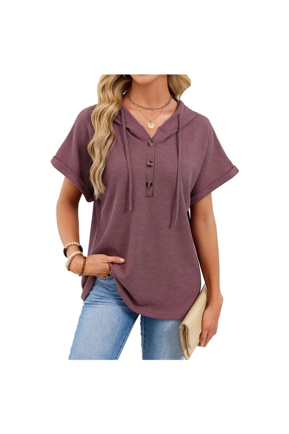 Women's Hoodie Short Sleeve Drawstring Tops Casual Summer Button Front V Neck Pullover Blouses Shirts