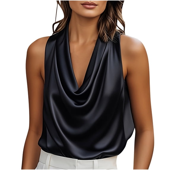 LIaqionyy Women's Satin Silkly Tank Top Cowl Neck Sleeveless Elegant Party Vest Shirt Camisole Tops Dressy Shirts