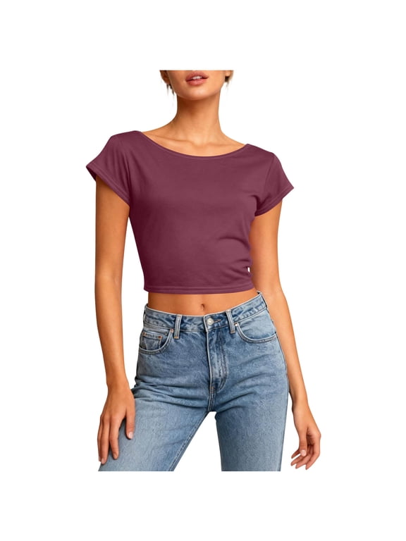 Women's Short Sleeve T Shirts Tops Backless Crew Neck Solid Color Casual Workout Tee Shirt