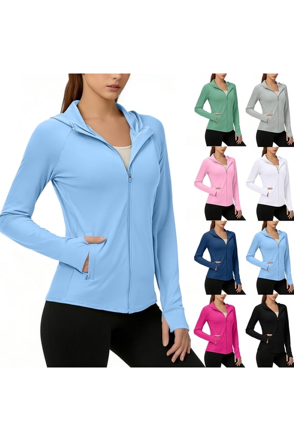 Women's Sun Protection Jacket Long Sleeve Hoodie Shirts Full Zip Hiking Lightweight Running Tops with Pocket