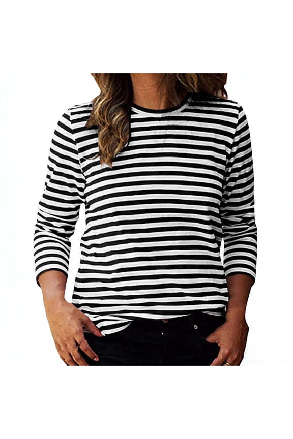Womens 3/4 Sleeve Striped T Shirts Crew Neck Casual Loose Business Work Clothes Tunic Tops Trendy Blouse