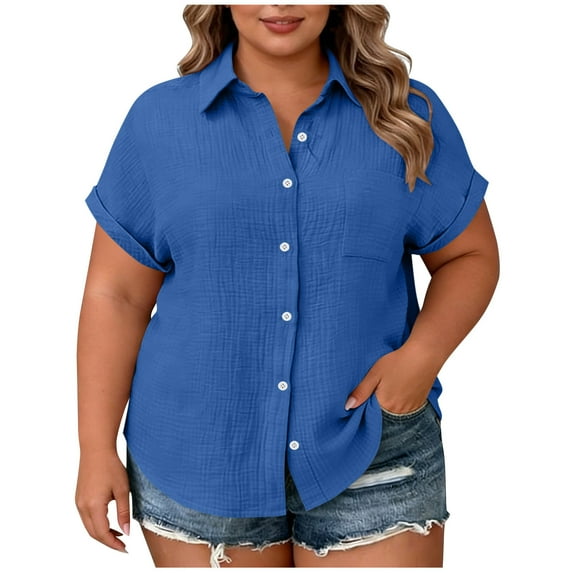 LIaqionyy Womens Plus Size Cotton Linen Shirts Button down Short Sleeve Blouses V Neck Collared Tops L-4XL