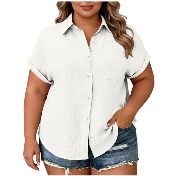LIaqionyy Womens Plus Size Cotton Linen Shirts Button down Short Sleeve Blouses V Neck Collared Tops L-4XL