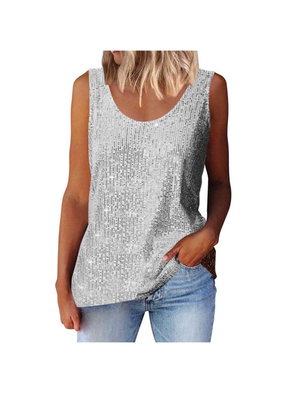 Womens Sequin Top Fashion Sparkly Sleeveless Tanks Tops Blouses Christmas Party Camisole Vest S-5XL
