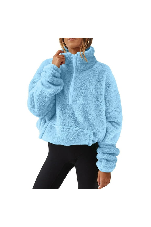 Womens Sherpa Fleece Quarter Zip Pullover Sweatshirts Soft Warm Oversized Sweatshirt Winter Clothes with Pocket
