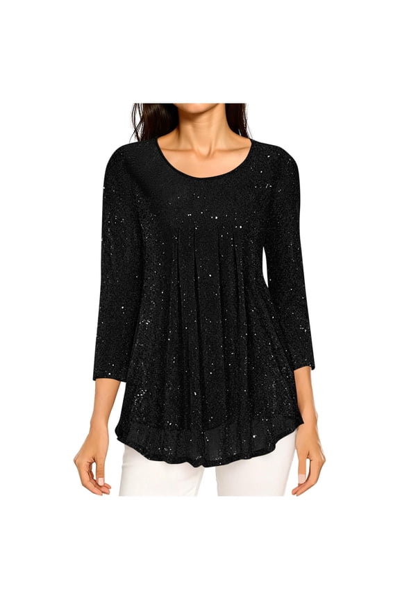Womens Sparkly Sequin 3/4 Sleeve Tops Dressy Casual Layers Mesh Blouses Loose Flowy Tunic Top