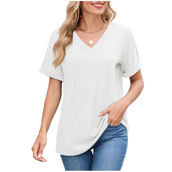 LIaqionyy Womens Summer Tops Short Sleeve Basic Casual V Neck T Shirts Trendy Fashion Business Work Blouses