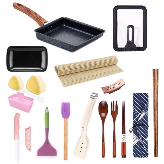Omelette Cast Pan Kit, Tamagoyaki Pan Cast Iron Maker with Lid, Rectangular Nonstick Skillet with Wooden Handle, Includes Spatula, Mat, Knife, Sushi Accessories, Cooking Brush