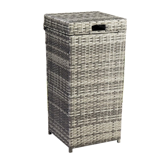 tan Outdoor Trash Can, 27 Gallon Wicker Waste Basket with Lid, Durable PE Wicker Garbage Bin for Patio, Backyard, Porch, Commercial Use, Grey