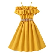 tangyuanzzz Girls Dresses A-Line Summer Ruffle Sleeveless Solid Color Princess Dress With Belt Kids Baby Girls Streetwear Festival Dress