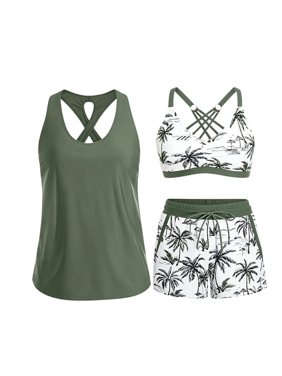 tankini swimsuits for women 3 Piece Tummy Control Cutout Back Tankini Bathing Suit With Crisscross Padded Bra And Floral Print Pocket Boyshorts