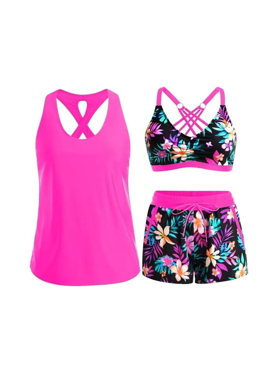 tankini swimsuits for women 3 Piece Tummy Control Cutout Back Tankini Bathing Suit With Crisscross Padded Bra And Floral Print Pocket Boyshorts
