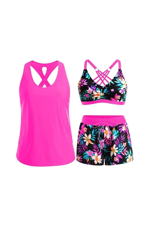 tankini swimsuits for women 3 Piece Tummy Control Cutout Back Tankini Bathing Suit With Crisscross Padded Bra And Floral Print Pocket Boyshorts